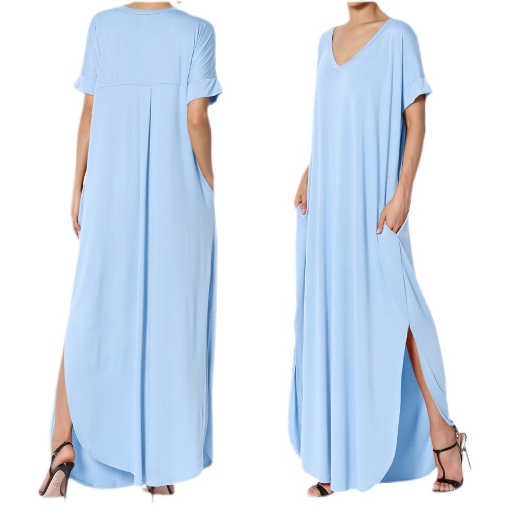 Short Sleeves Side Slit V-Neck Maxi Dress pockets NWT!